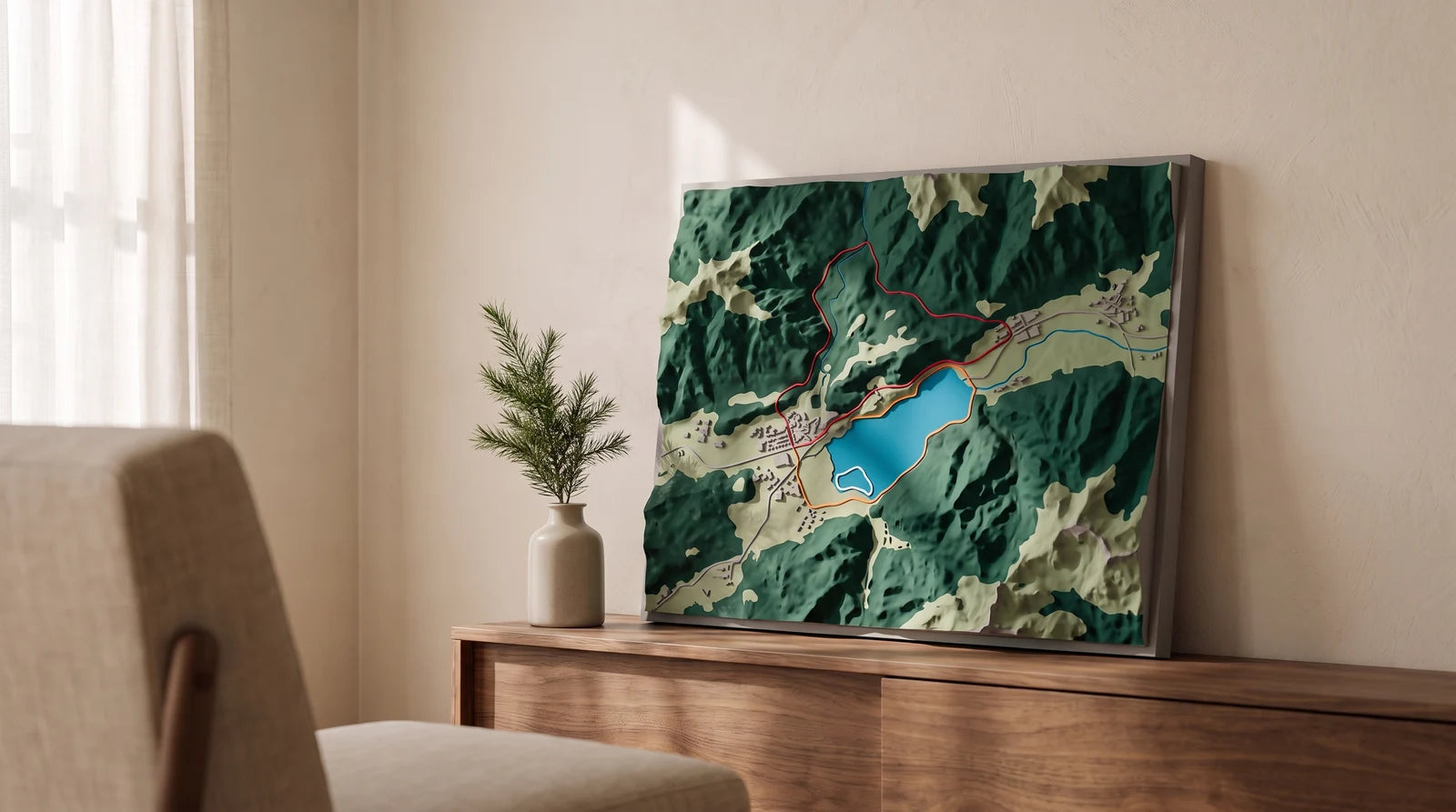 Concept relief artwork on an oak console with a restrained evergreen accent