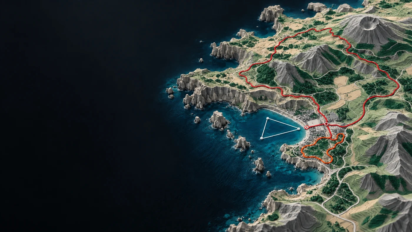 Illustrative coastal terrain with red and orange endurance routes