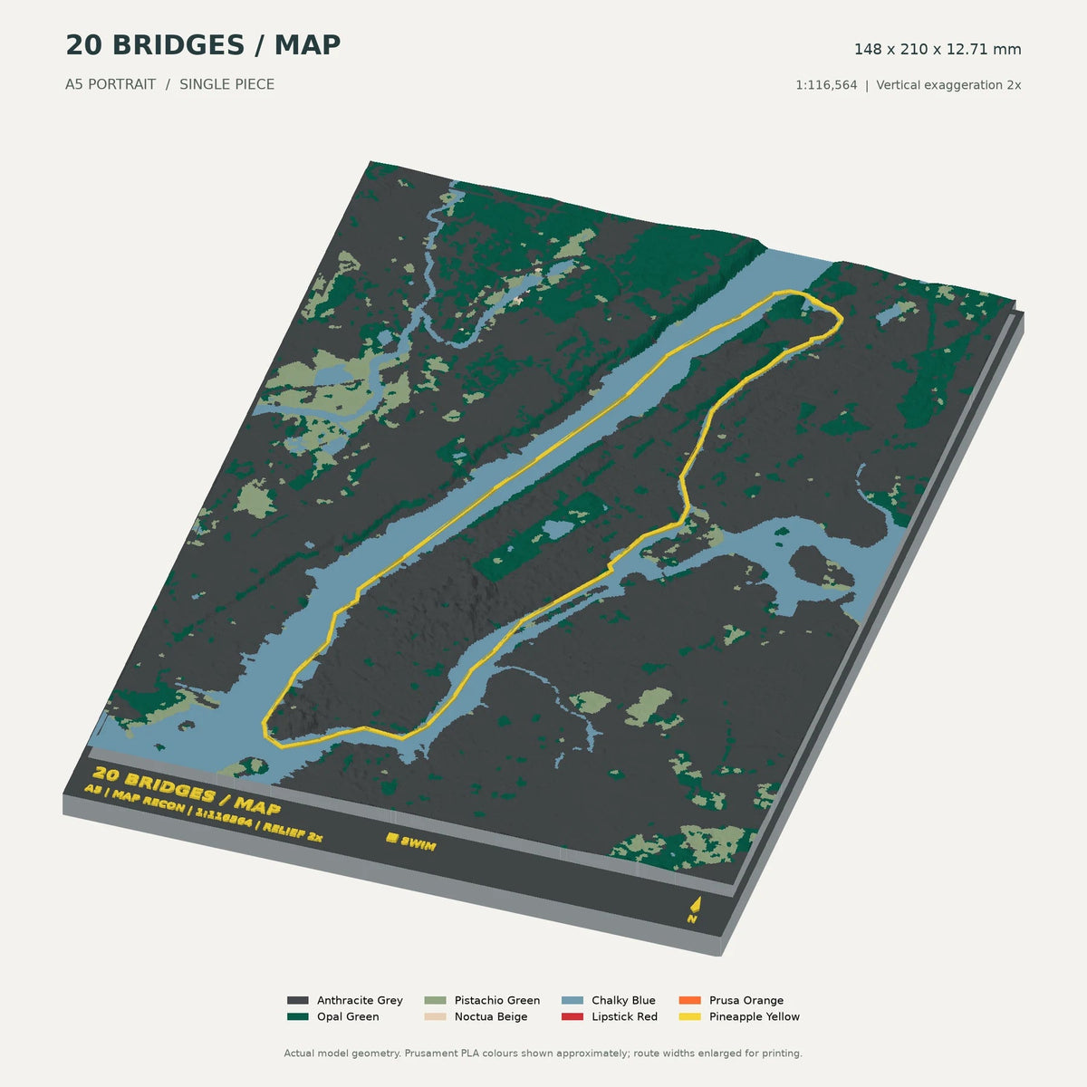 20 Bridges · Manhattan, A5 digital model preview showing raised terrain and route; not physical product photography