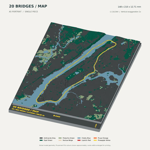 20 Bridges · Manhattan, A5 digital model preview showing raised terrain and route; not physical product photography
