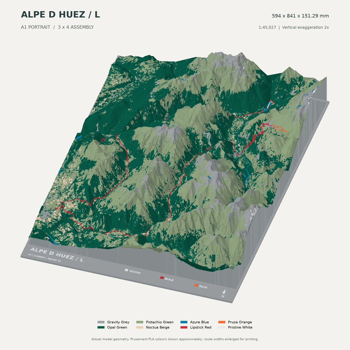 Alpe d’Huez Triathlon L, A1 digital model preview showing raised terrain and route; not physical product photography