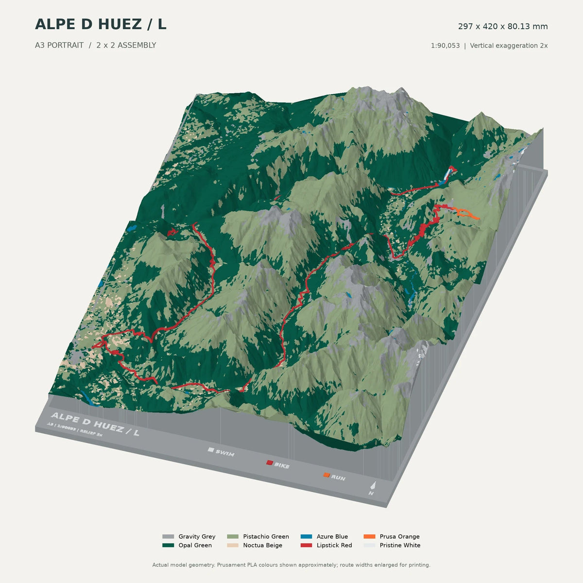 Alpe d’Huez Triathlon L, A3 digital model preview showing raised terrain and route; not physical product photography