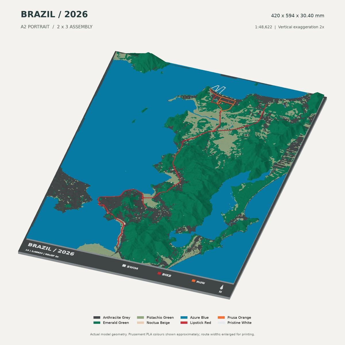 IRONMAN Brazil · Florianópolis, A2 digital model preview showing raised terrain and route; not physical product photography