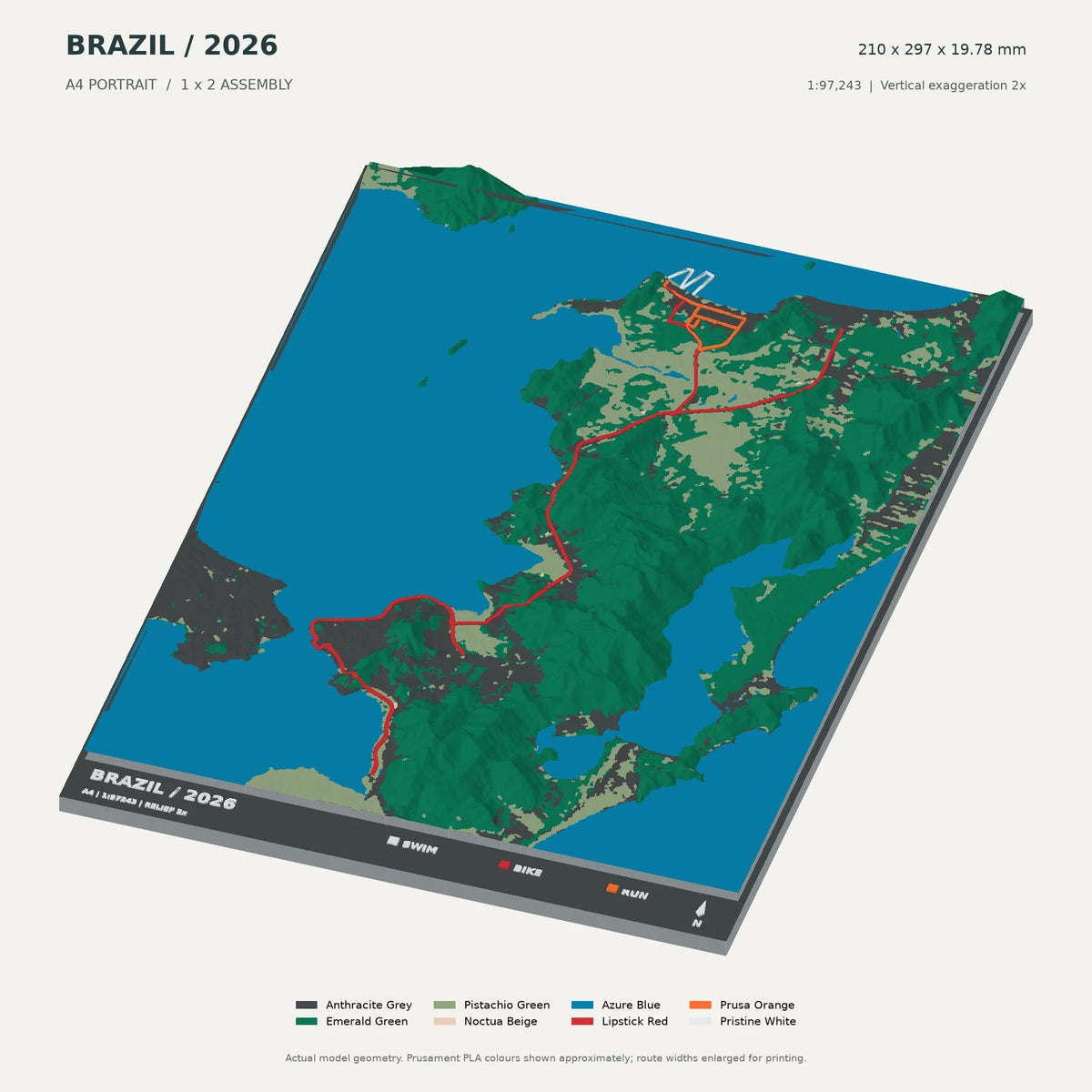 IRONMAN Brazil · Florianópolis, A4 digital model preview showing raised terrain and route; not physical product photography