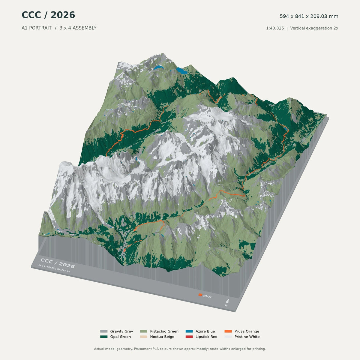 CCC · Courmayeur–Champex–Chamonix, A1 digital model preview showing raised terrain and route; not physical product photography