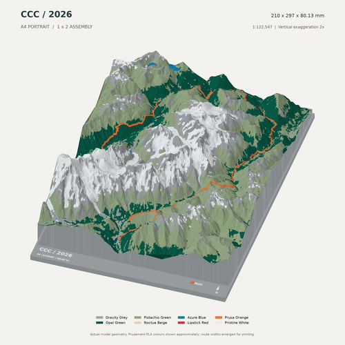 CCC · Courmayeur–Champex–Chamonix, A4 digital model preview showing raised terrain and route; not physical product photography