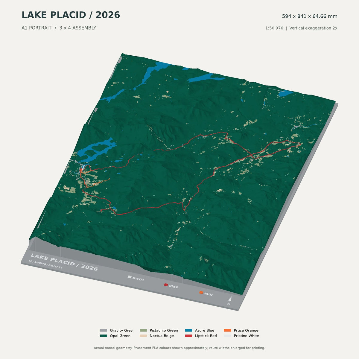 IRONMAN Lake Placid, A1 digital model preview showing raised terrain and route; not physical product photography