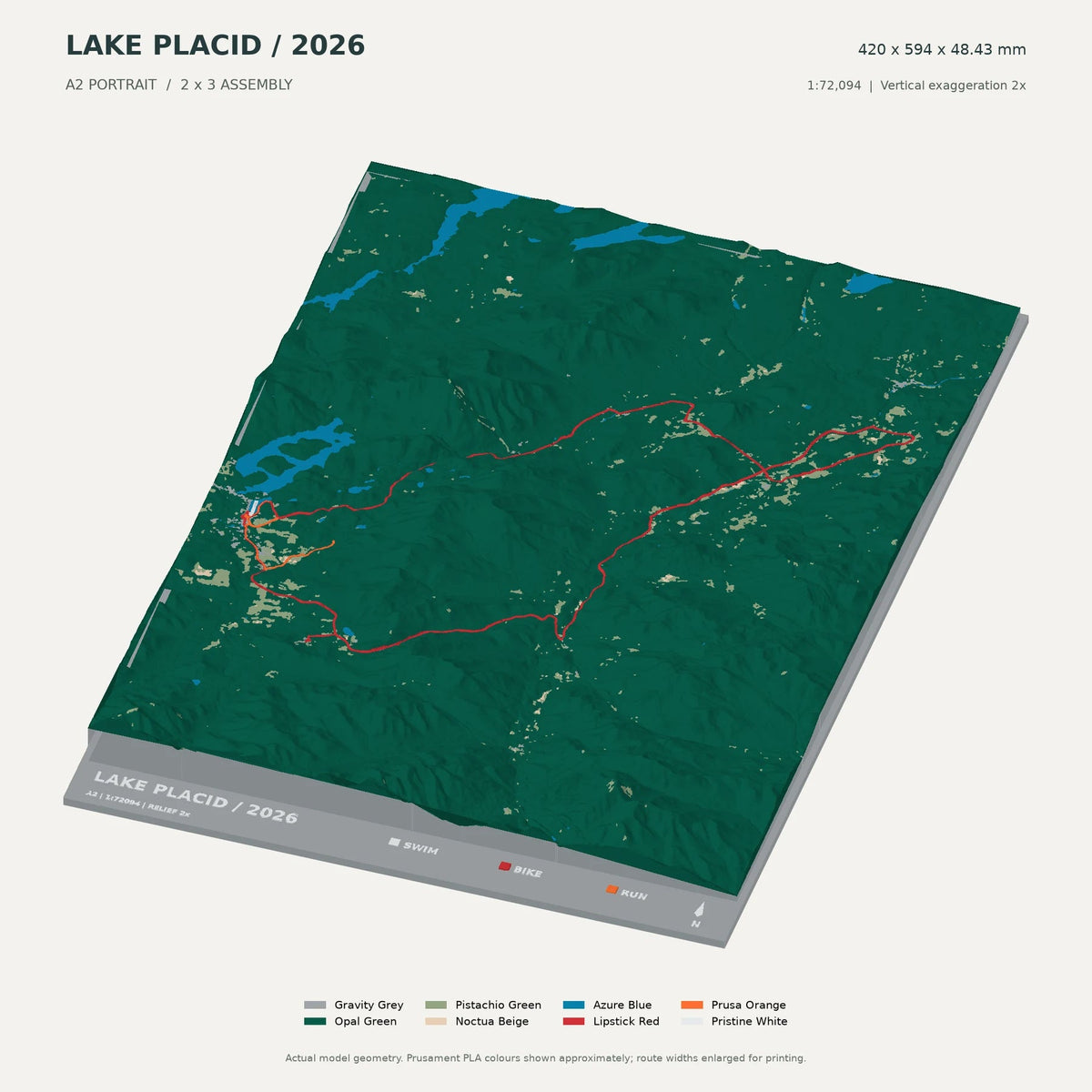 IRONMAN Lake Placid, A2 digital model preview showing raised terrain and route; not physical product photography