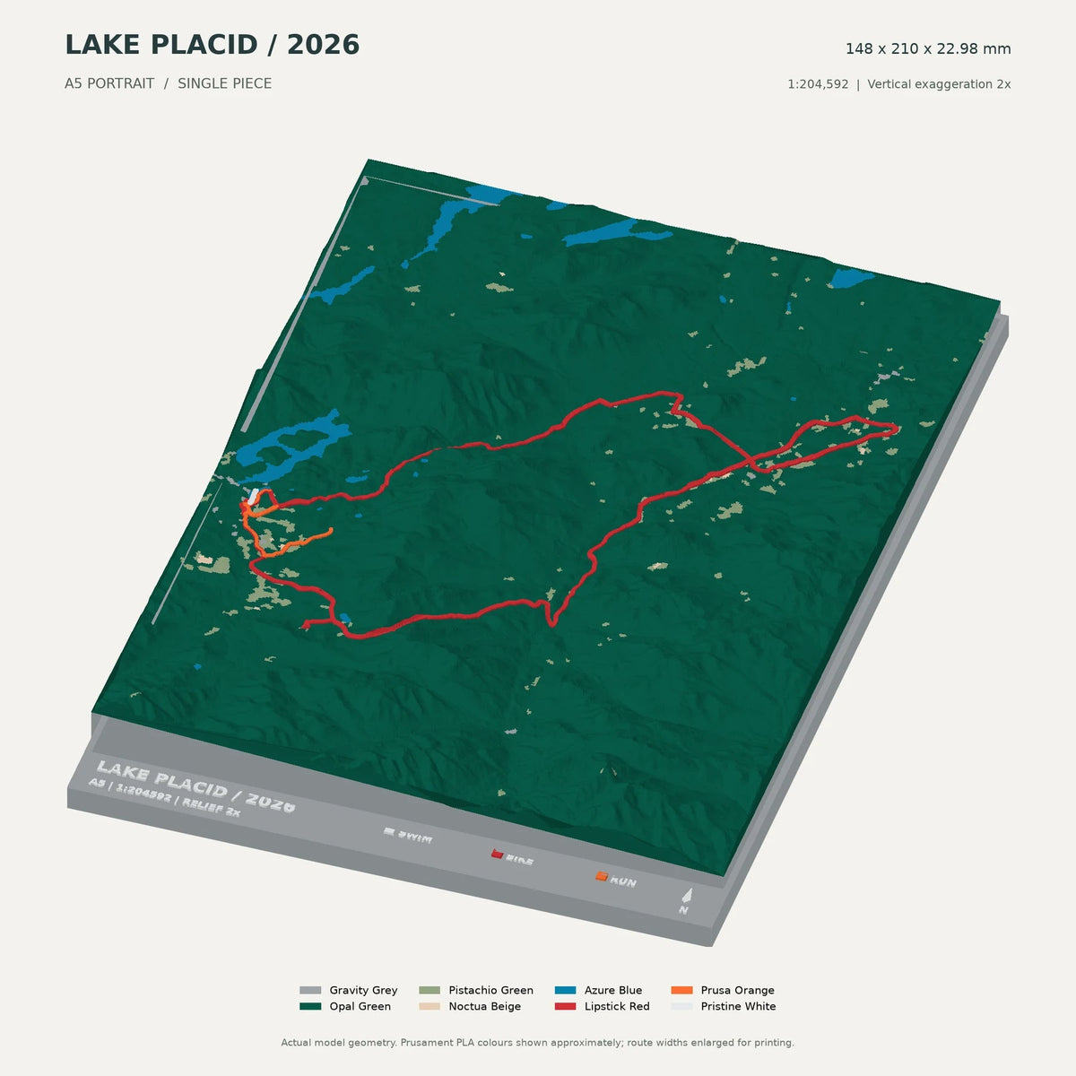 IRONMAN Lake Placid, A5 digital model preview showing raised terrain and route; not physical product photography