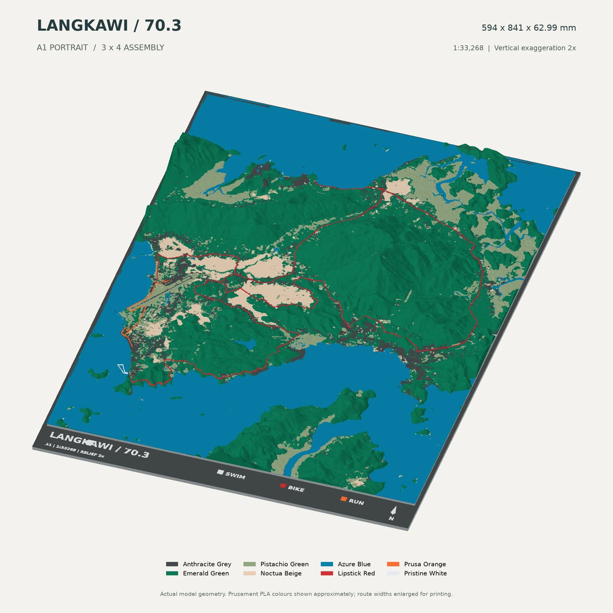 IRONMAN 70.3 Langkawi, A1 digital model preview showing raised terrain and route; not physical product photography