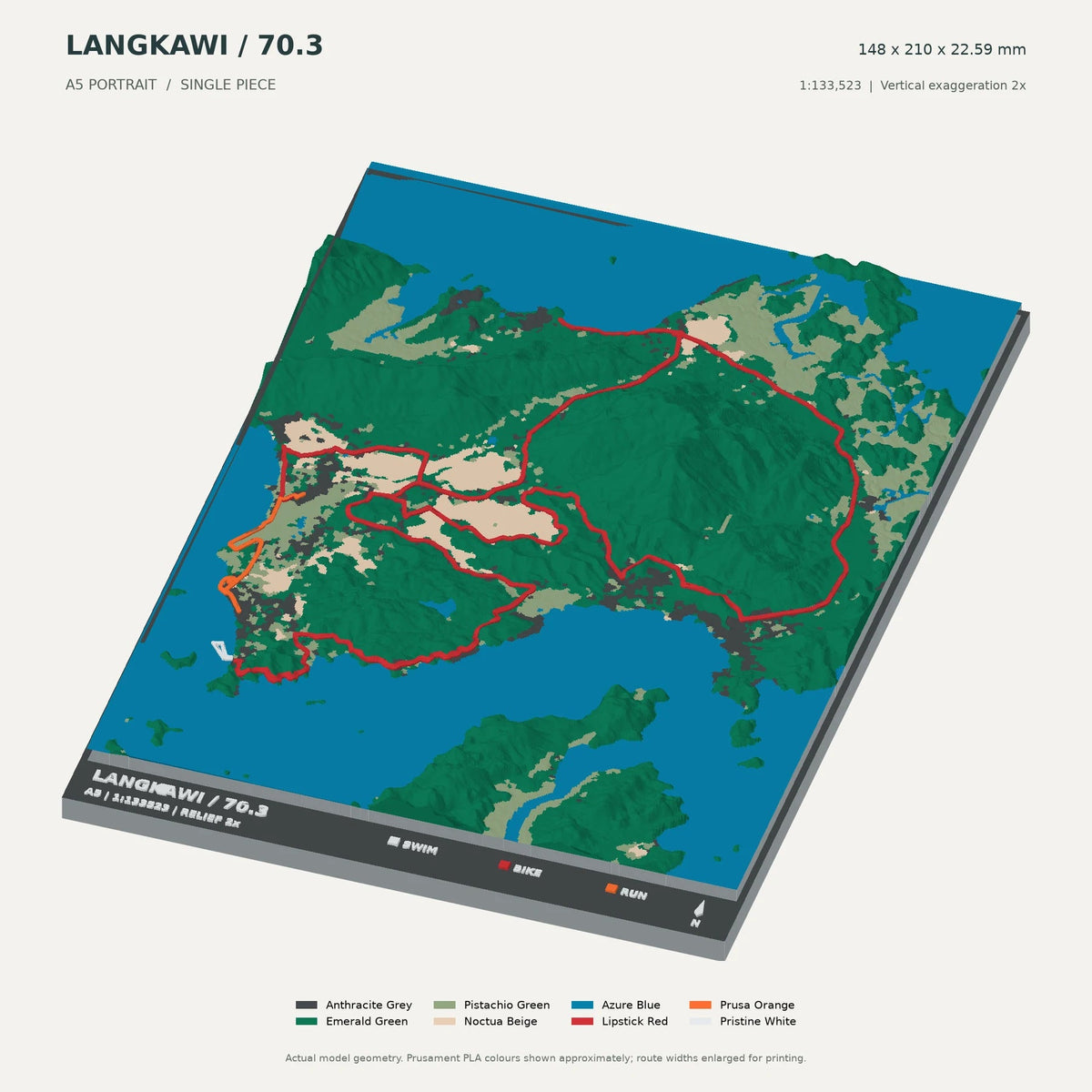IRONMAN 70.3 Langkawi, A5 digital model preview showing raised terrain and route; not physical product photography