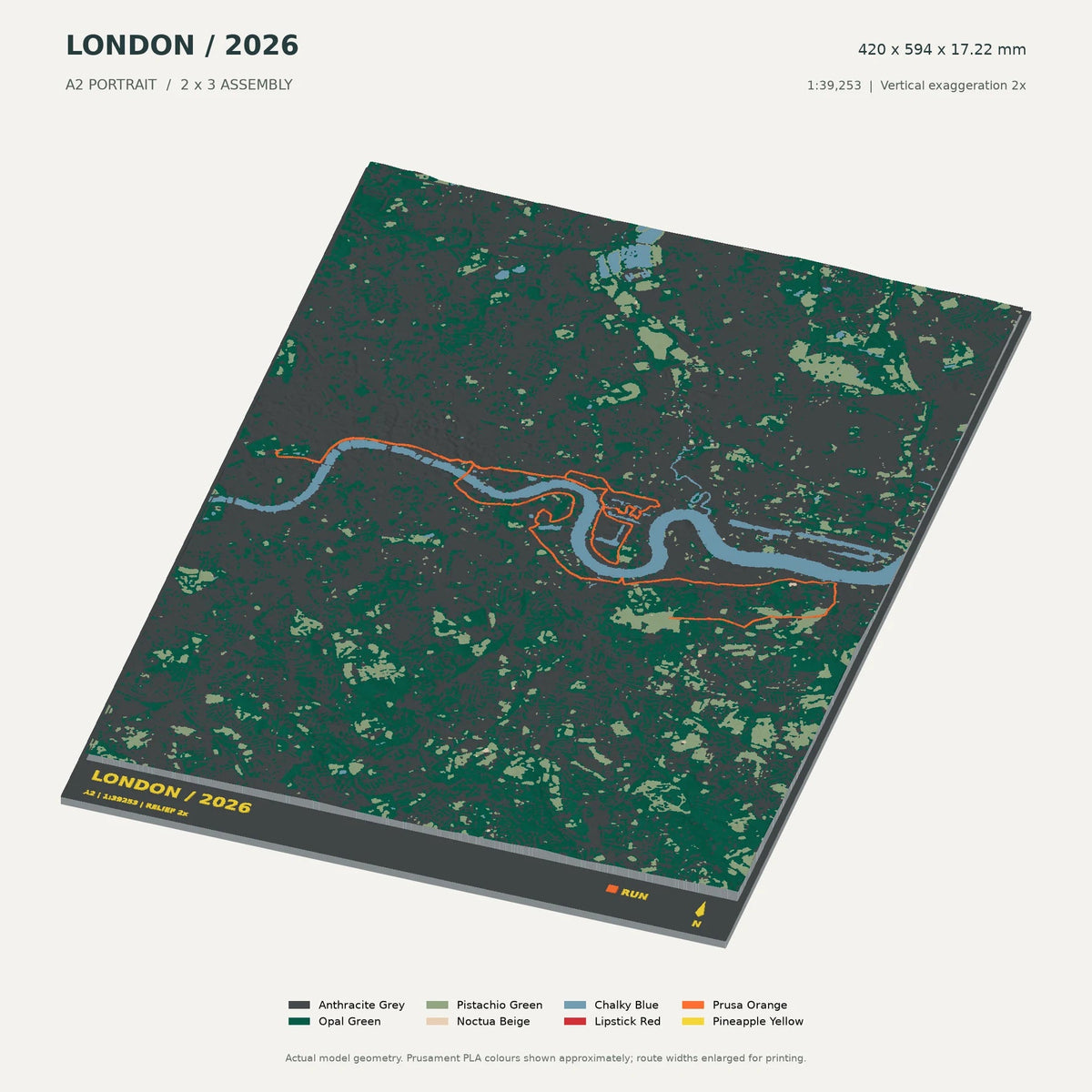 London Marathon, A2 digital model preview showing raised terrain and route; not physical product photography