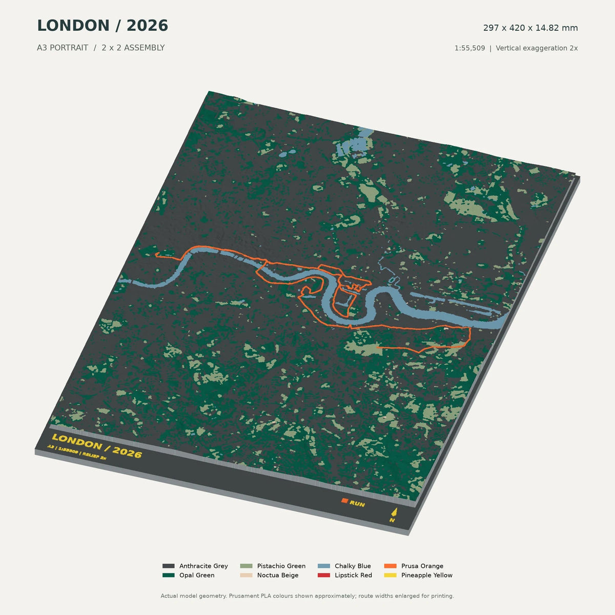 London Marathon, A3 digital model preview showing raised terrain and route; not physical product photography