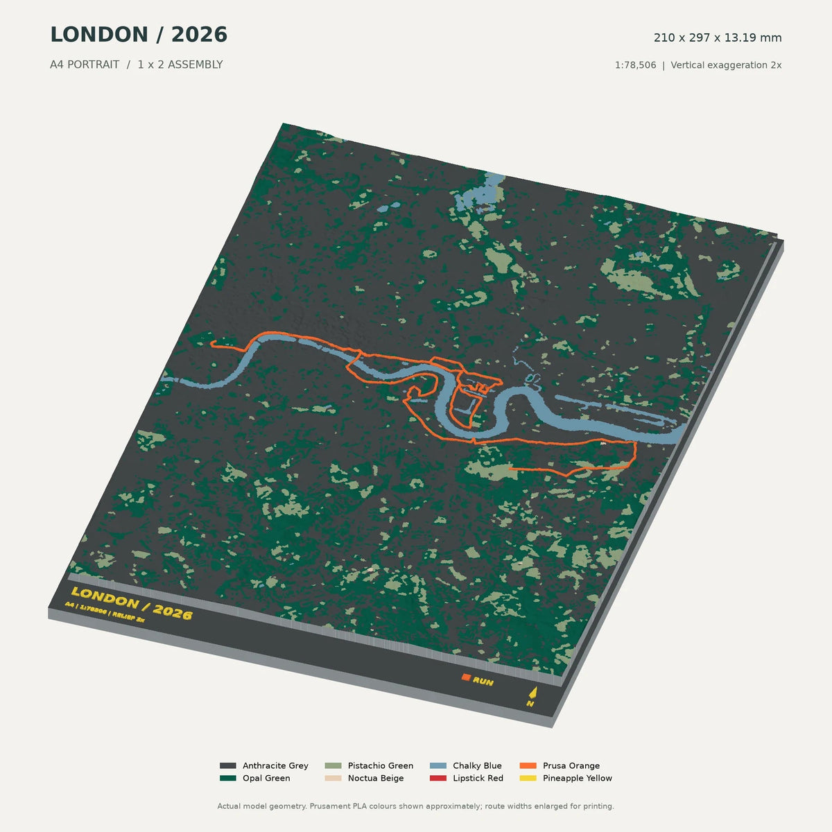 London Marathon, A4 digital model preview showing raised terrain and route; not physical product photography