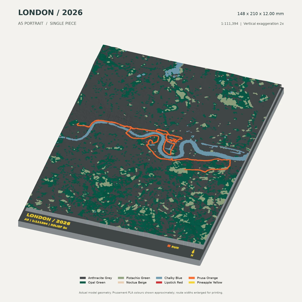 London Marathon, A5 digital model preview showing raised terrain and route; not physical product photography