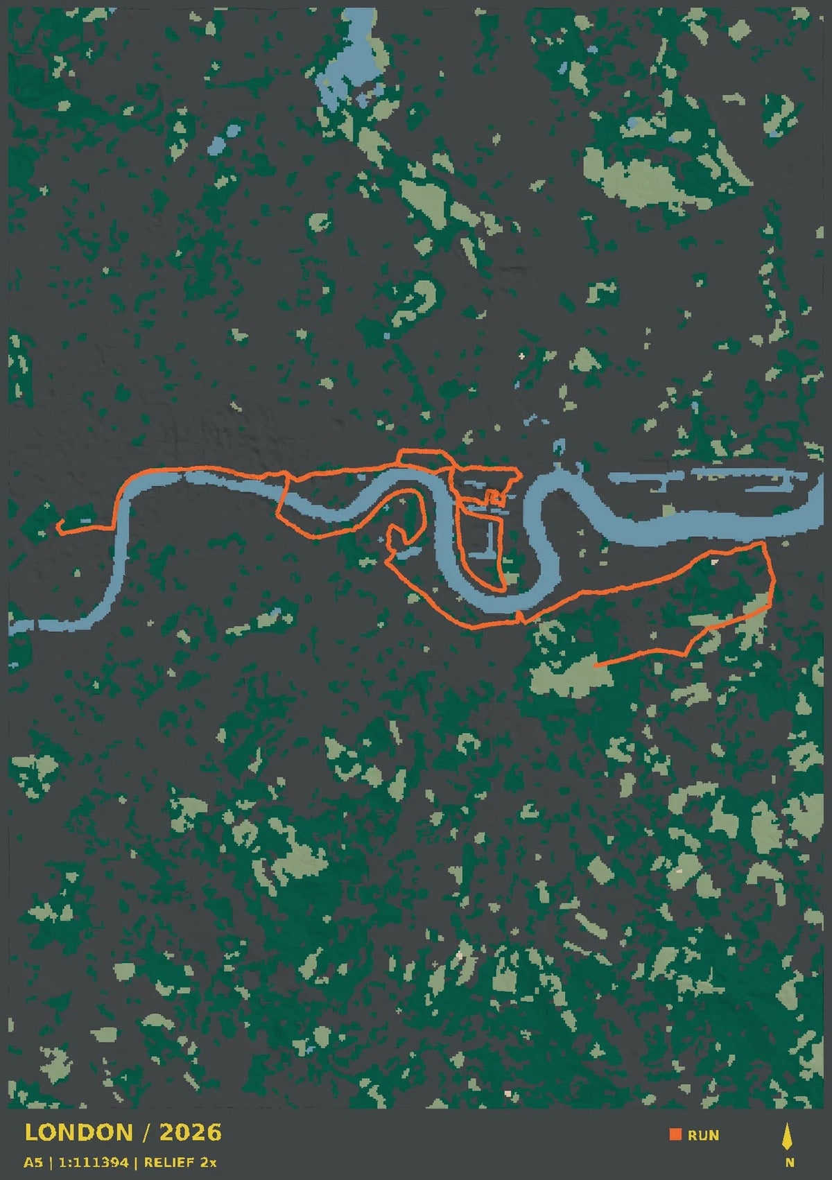 London Marathon, top view of the A5 digital terrain model