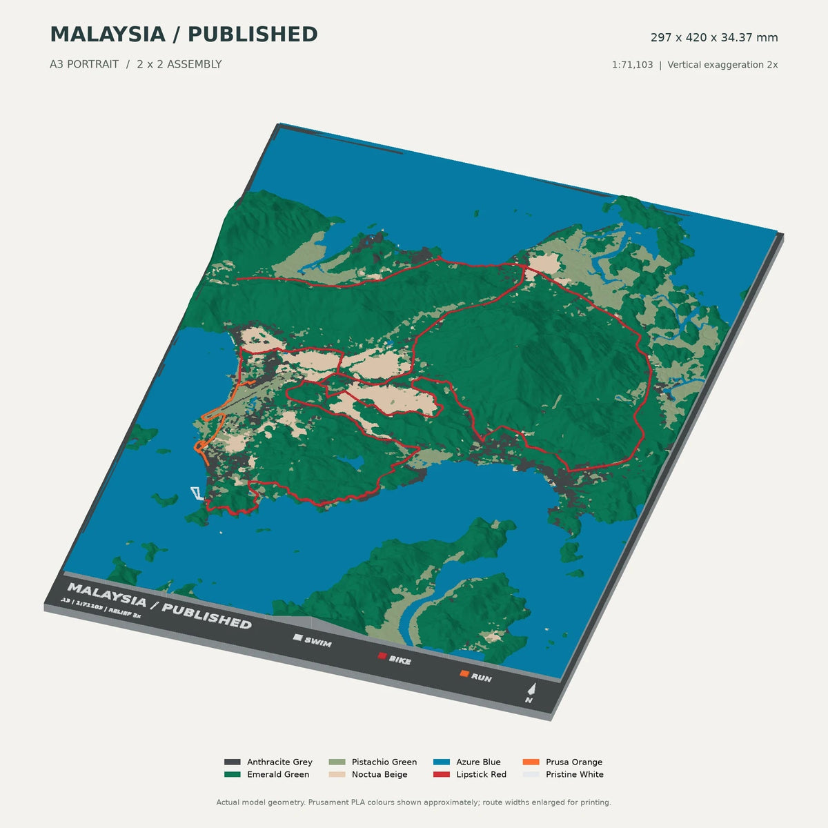 IRONMAN Malaysia · Langkawi, A3 digital model preview showing raised terrain and route; not physical product photography