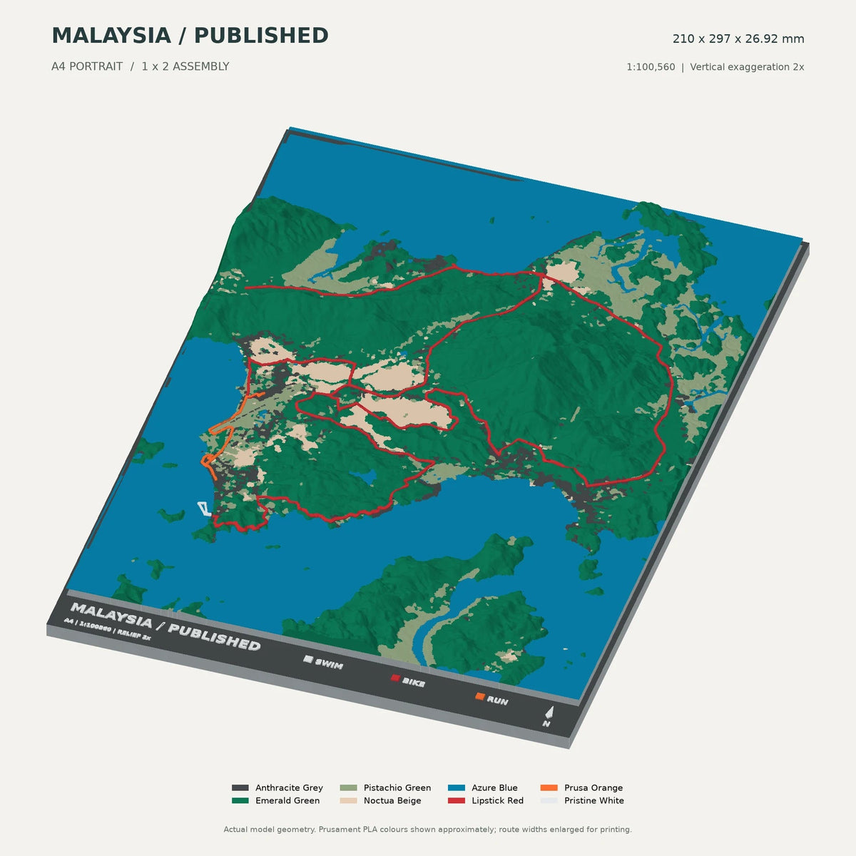 IRONMAN Malaysia · Langkawi, A4 digital model preview showing raised terrain and route; not physical product photography