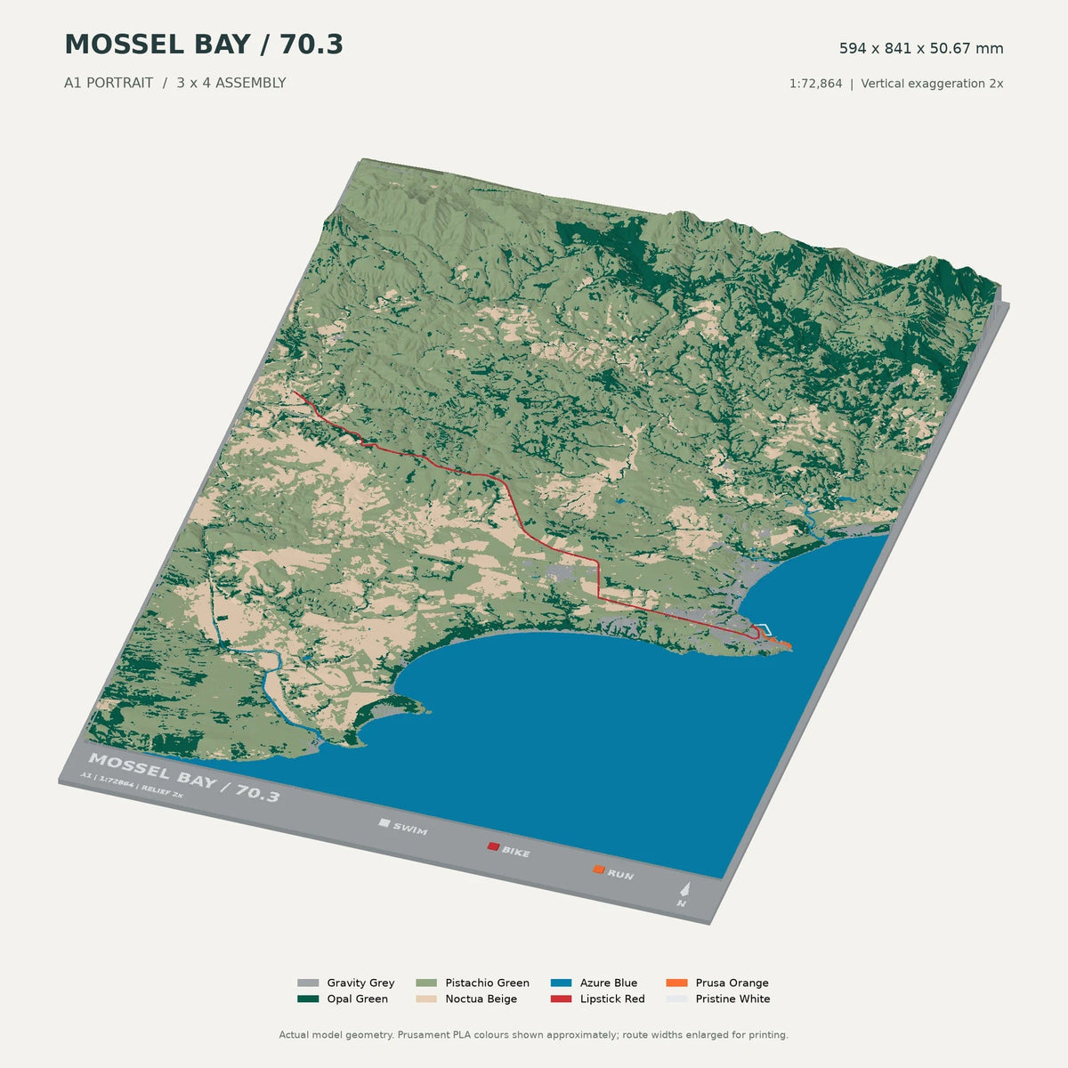 IRONMAN 70.3 Mossel Bay, A1 digital model preview showing raised terrain and route; not physical product photography