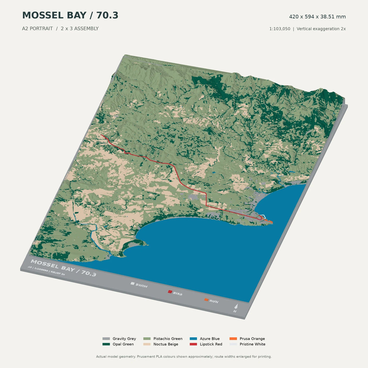 IRONMAN 70.3 Mossel Bay, A2 digital model preview showing raised terrain and route; not physical product photography