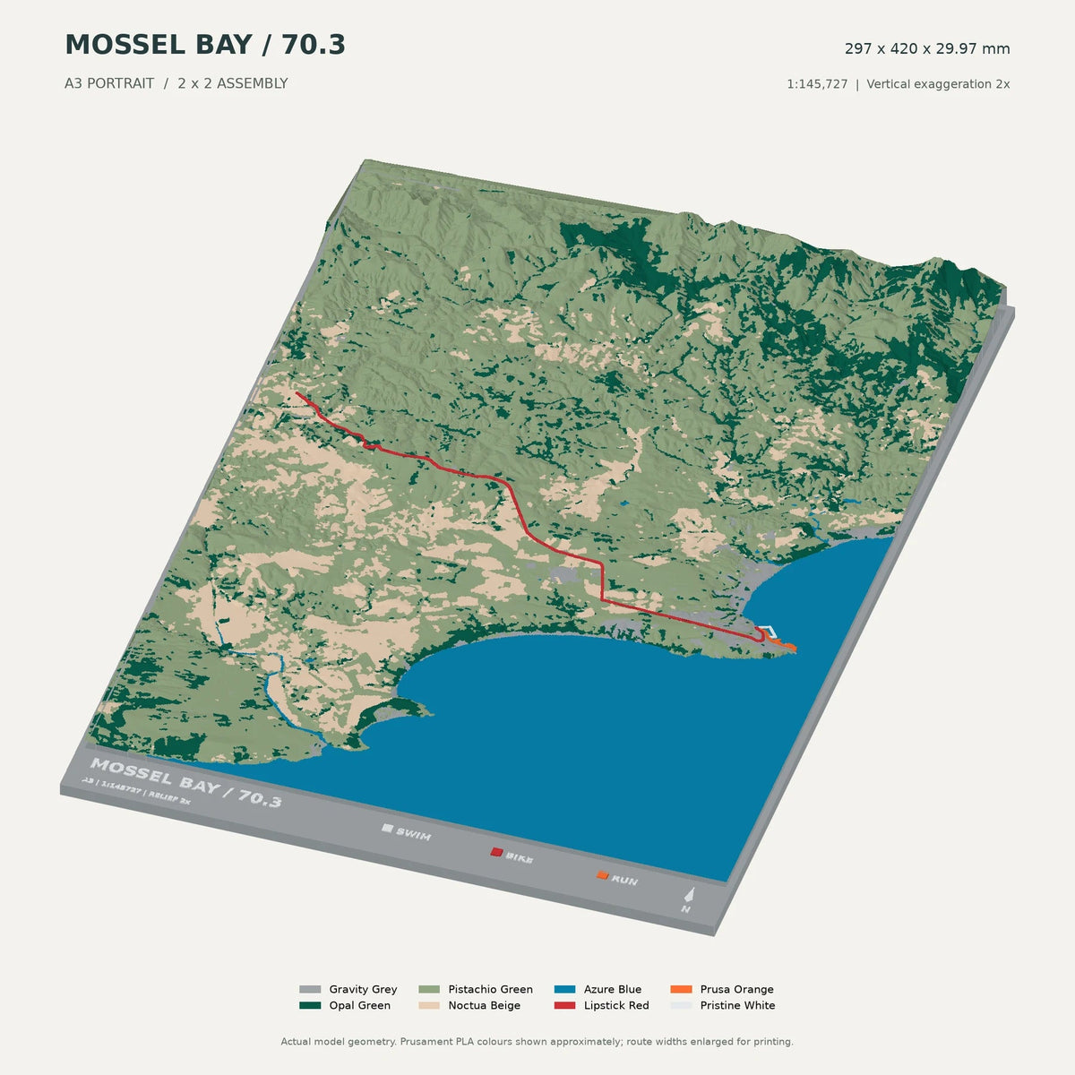 IRONMAN 70.3 Mossel Bay, A3 digital model preview showing raised terrain and route; not physical product photography