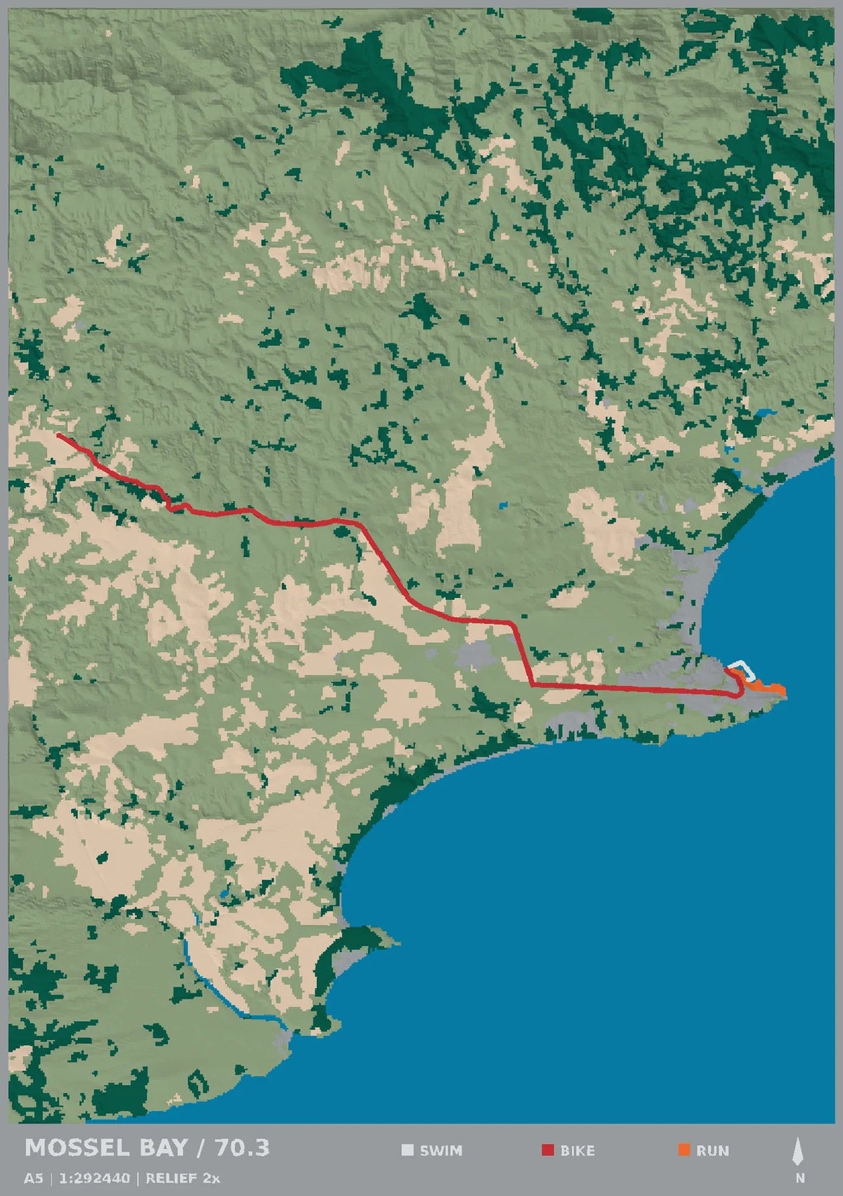 IRONMAN 70.3 Mossel Bay, top view of the A5 digital terrain model