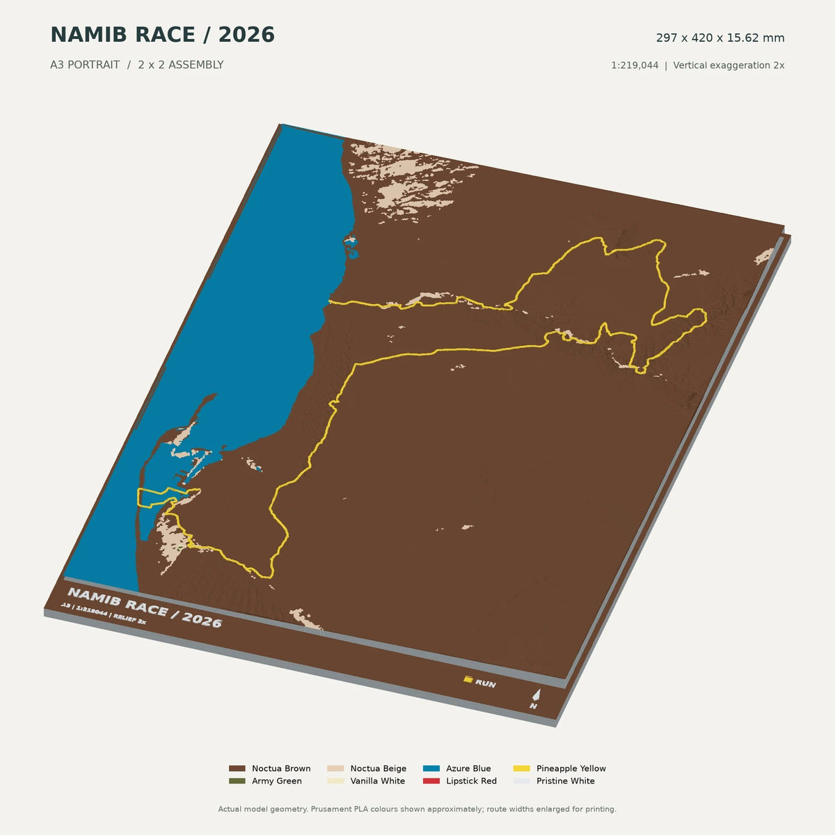 Namib Race, A3 digital model preview showing raised terrain and route; not physical product photography