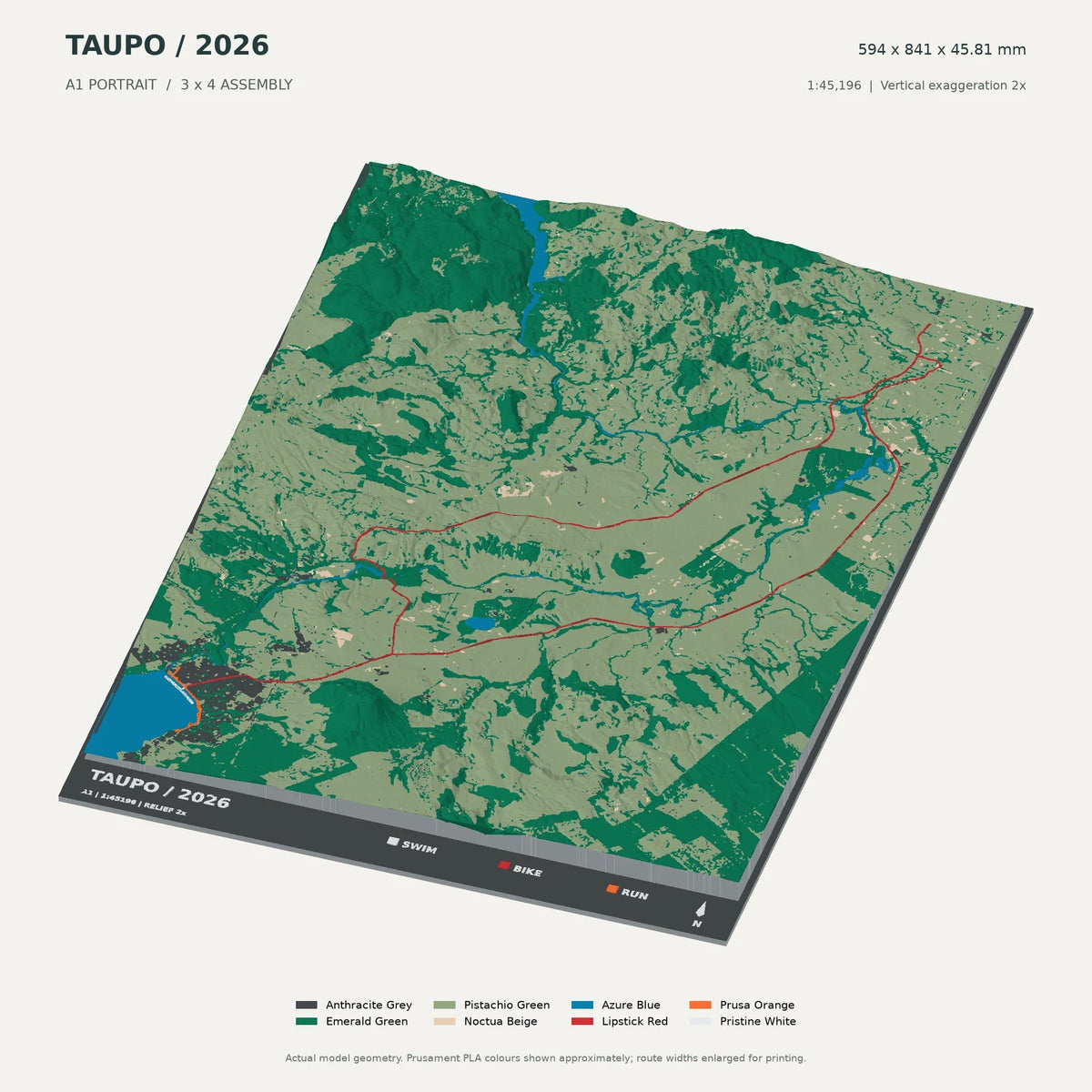 IRONMAN New Zealand · Taupō, A1 digital model preview showing raised terrain and route; not physical product photography