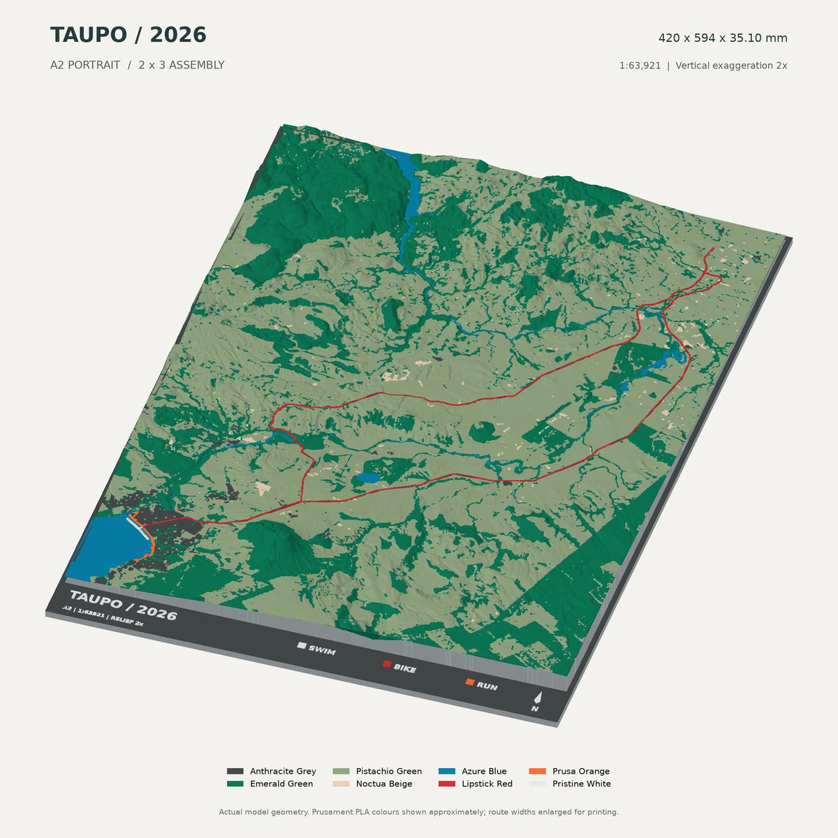 IRONMAN New Zealand · Taupō, A2 digital model preview showing raised terrain and route; not physical product photography