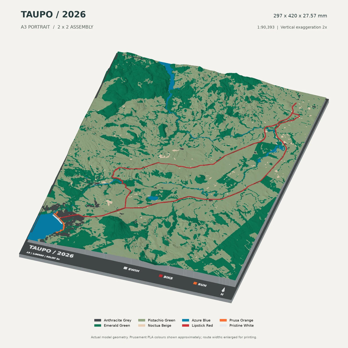 IRONMAN New Zealand · Taupō, A3 digital model preview showing raised terrain and route; not physical product photography