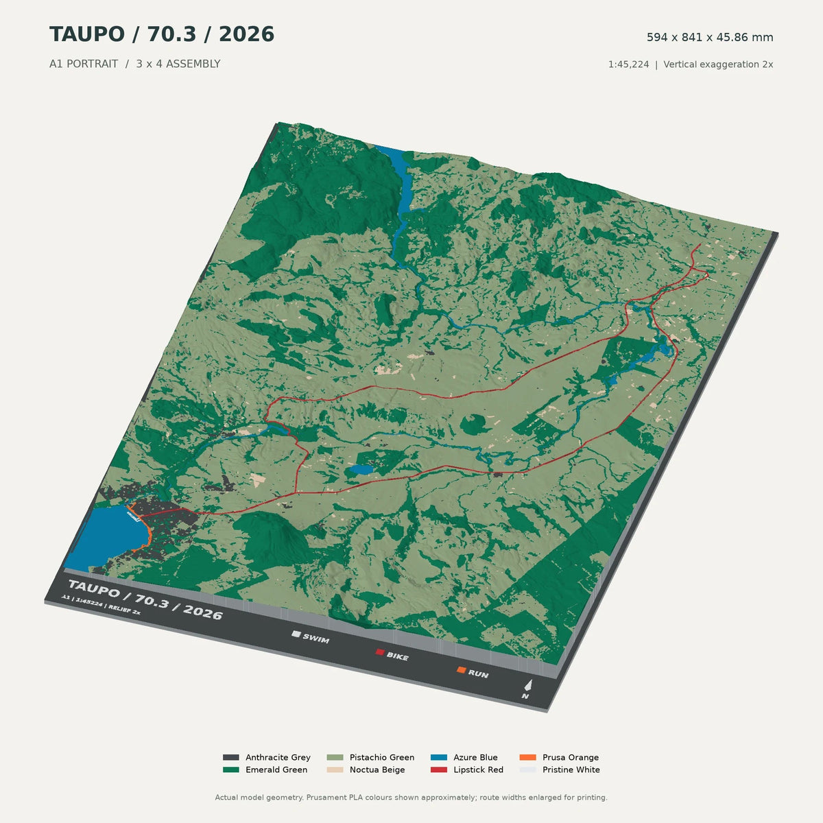 IRONMAN 70.3 New Zealand · Taupō, A1 digital model preview showing raised terrain and route; not physical product photography