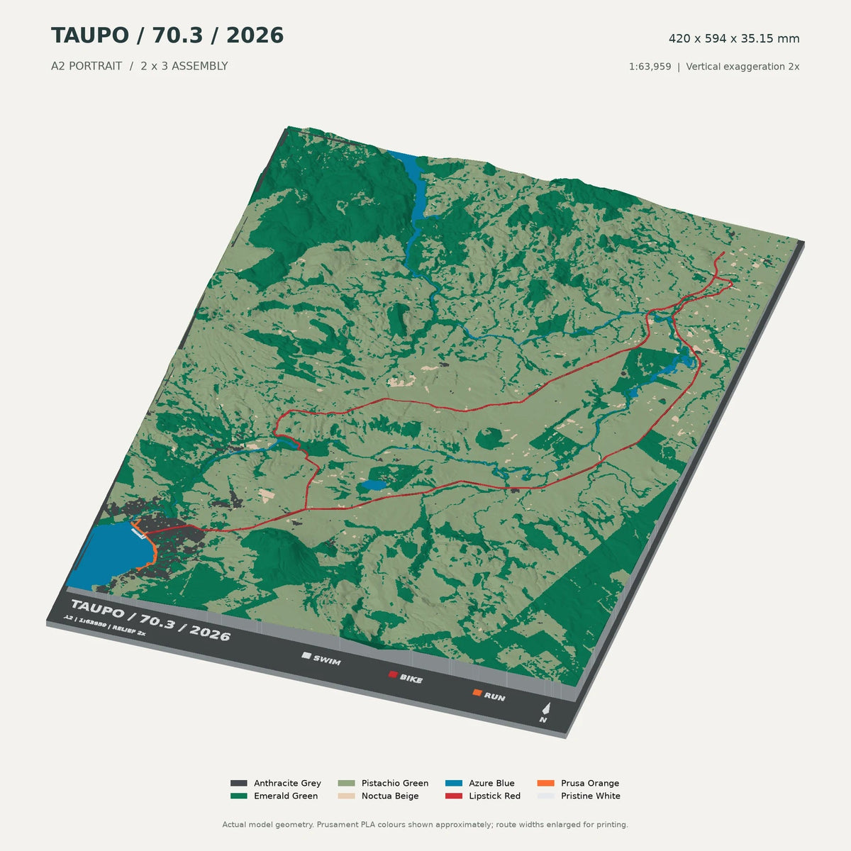 IRONMAN 70.3 New Zealand · Taupō, A2 digital model preview showing raised terrain and route; not physical product photography