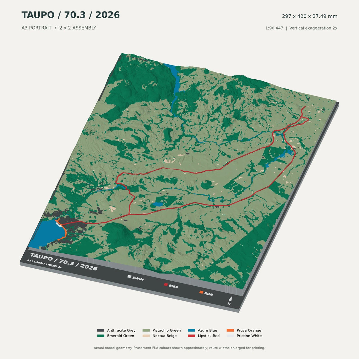 IRONMAN 70.3 New Zealand · Taupō, A3 digital model preview showing raised terrain and route; not physical product photography