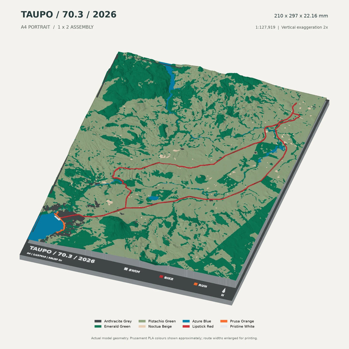 IRONMAN 70.3 New Zealand · Taupō, A4 digital model preview showing raised terrain and route; not physical product photography