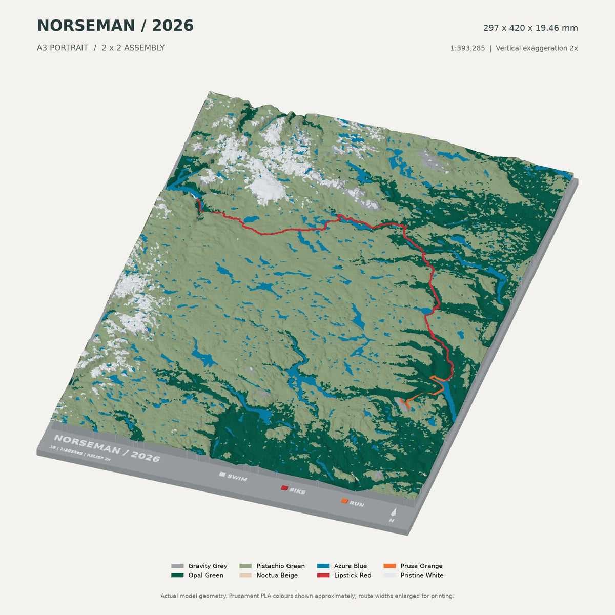 Norseman · Black finish, A3 digital model preview showing raised terrain and route; not physical product photography