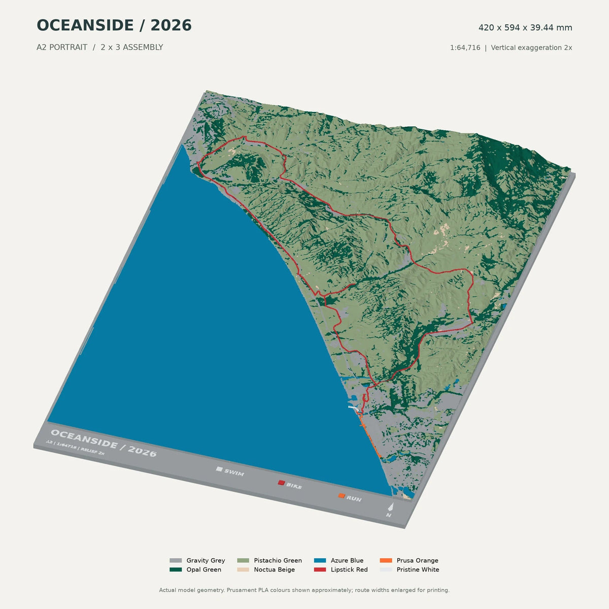 IRONMAN 70.3 Oceanside, A2 digital model preview showing raised terrain and route; not physical product photography