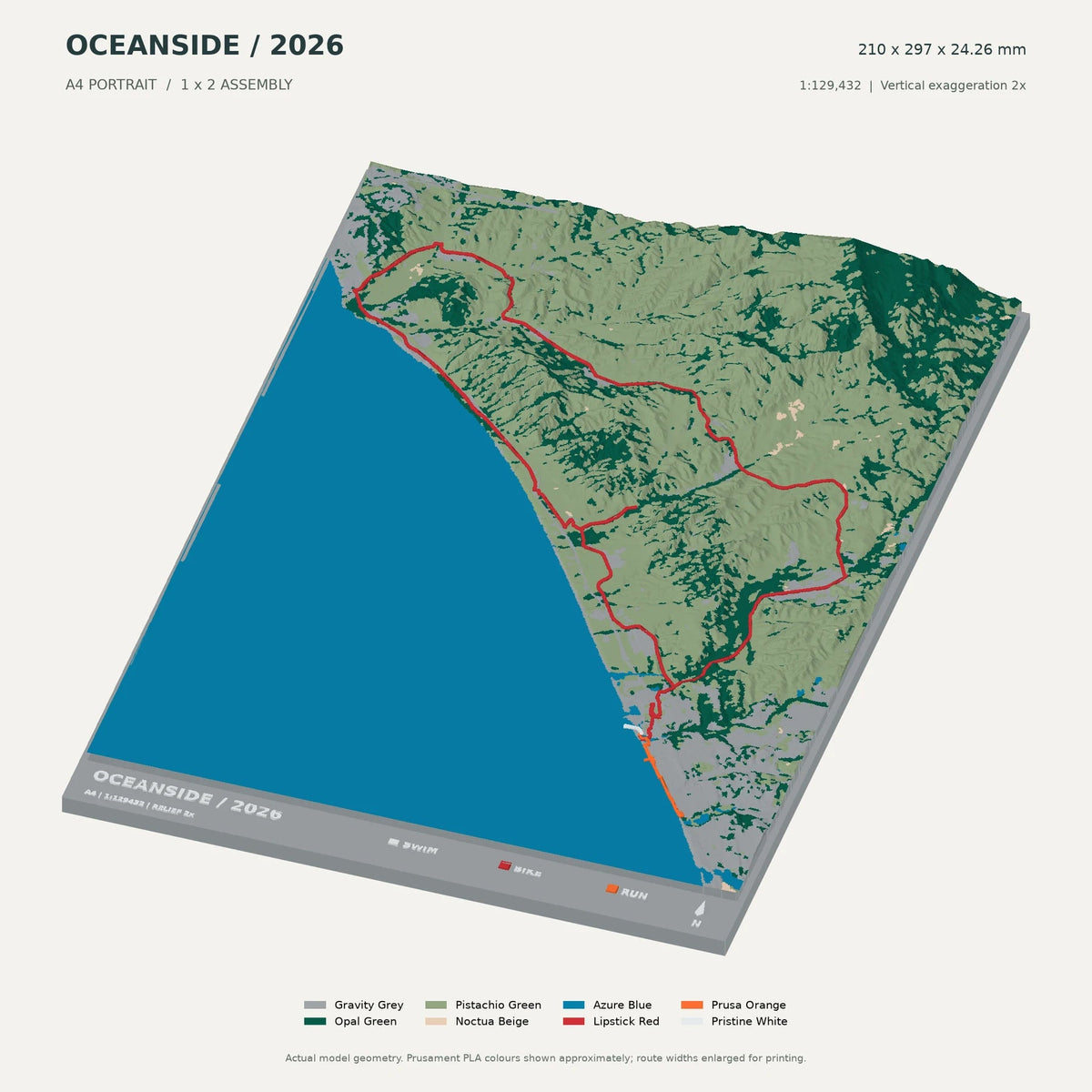 IRONMAN 70.3 Oceanside, A4 digital model preview showing raised terrain and route; not physical product photography