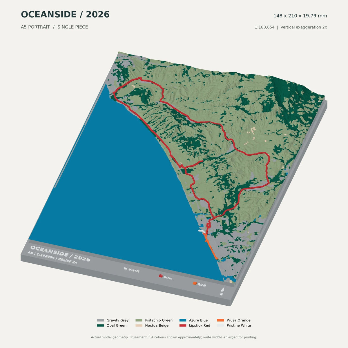 IRONMAN 70.3 Oceanside, A5 digital model preview showing raised terrain and route; not physical product photography