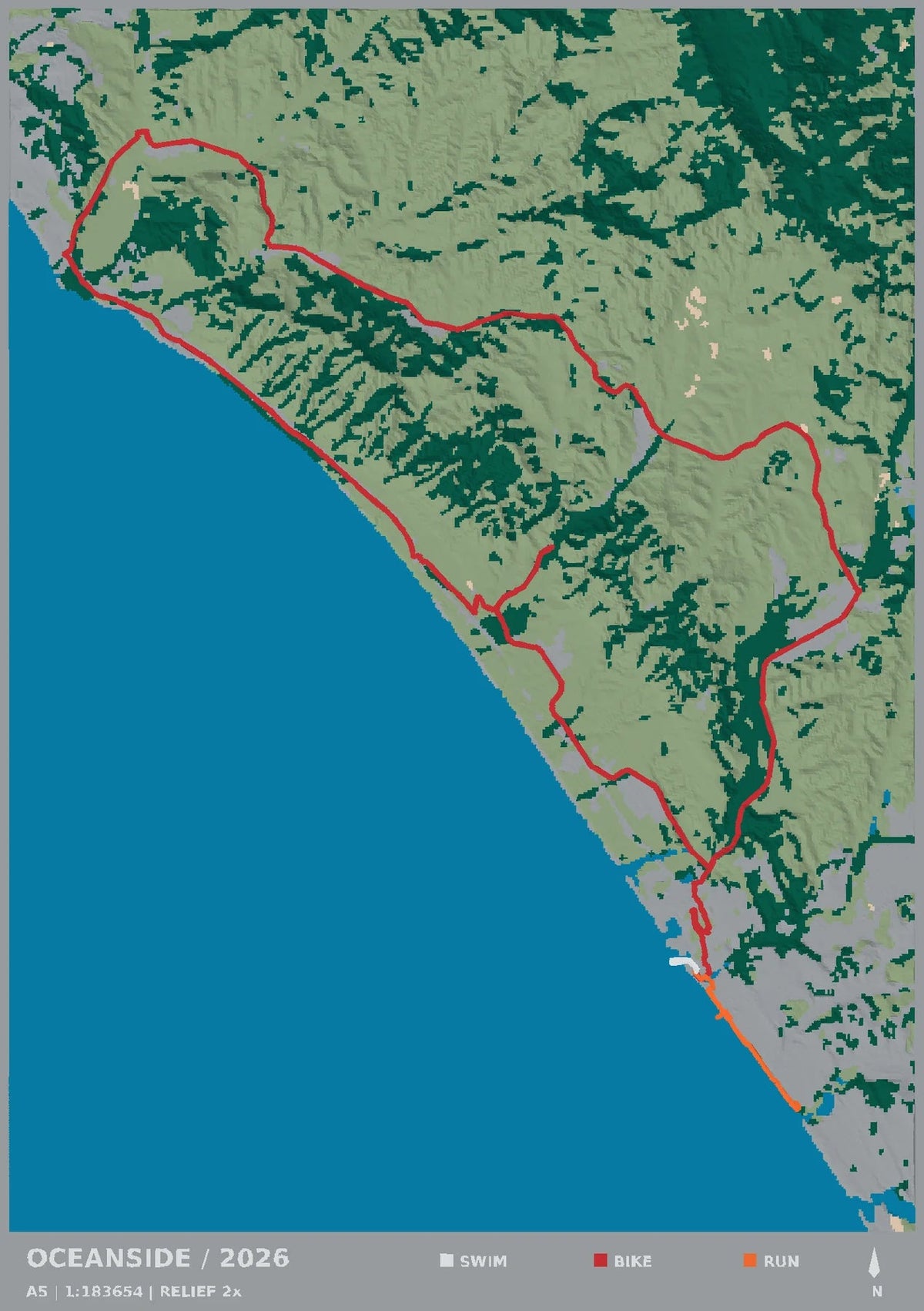 IRONMAN 70.3 Oceanside, top view of the A5 digital terrain model