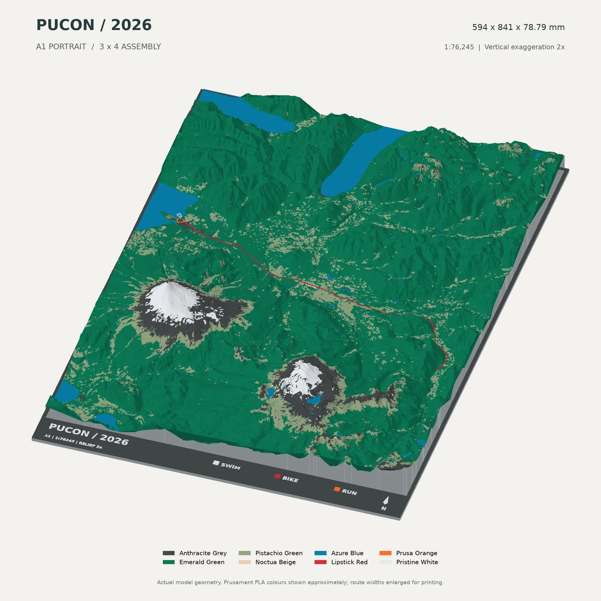 IRONMAN 70.3 Pucón, A1 digital model preview showing raised terrain and route; not physical product photography