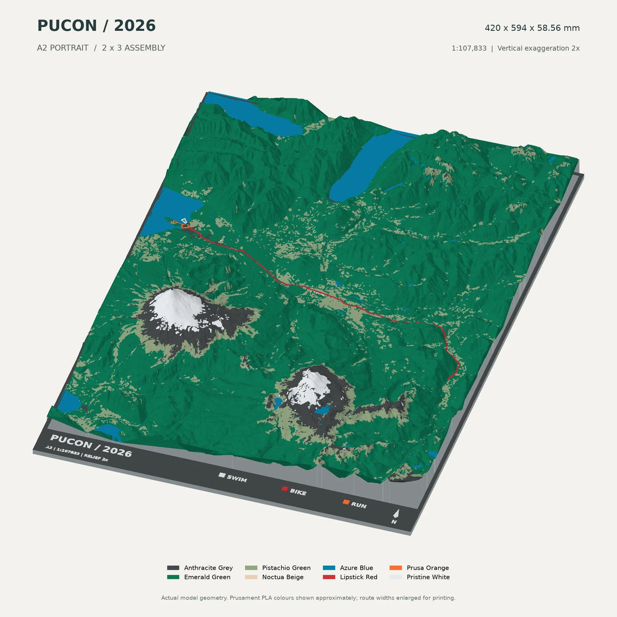 IRONMAN 70.3 Pucón, A2 digital model preview showing raised terrain and route; not physical product photography