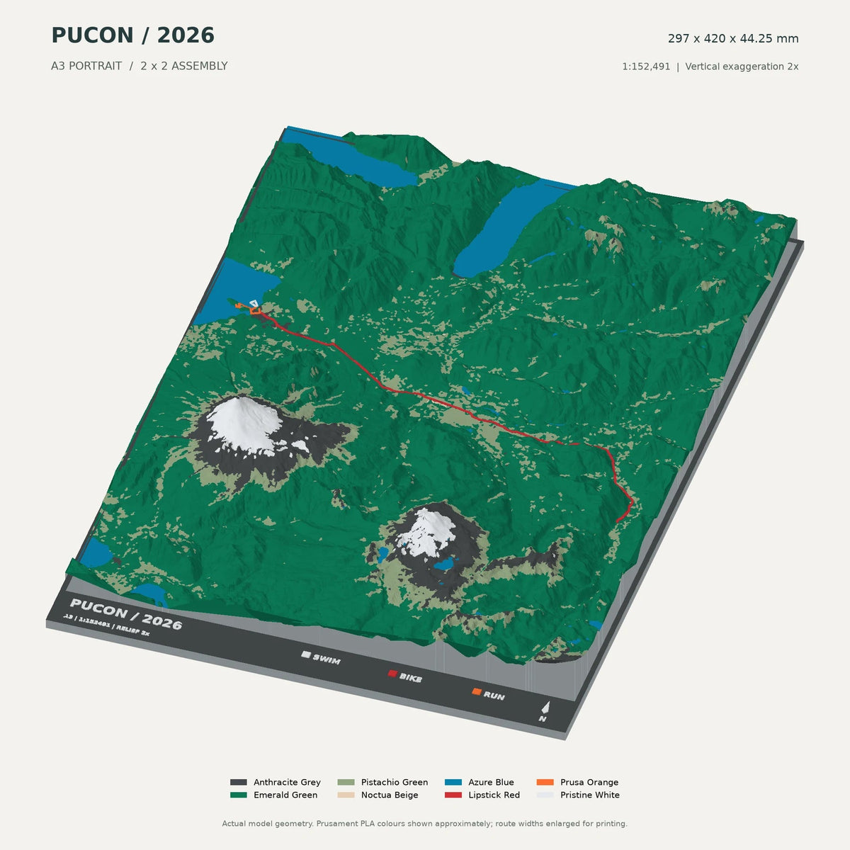 IRONMAN 70.3 Pucón, A3 digital model preview showing raised terrain and route; not physical product photography