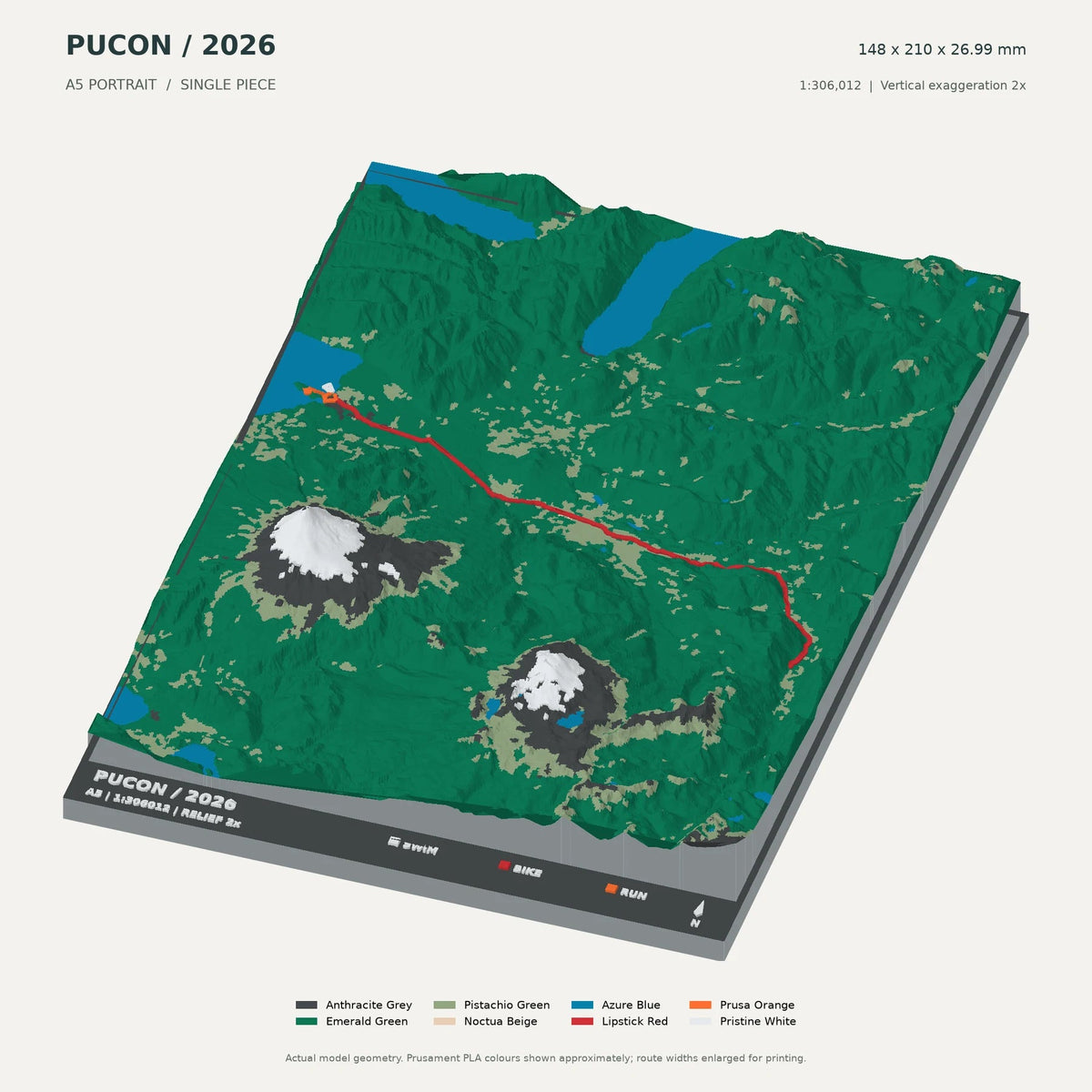 IRONMAN 70.3 Pucón, A5 digital model preview showing raised terrain and route; not physical product photography