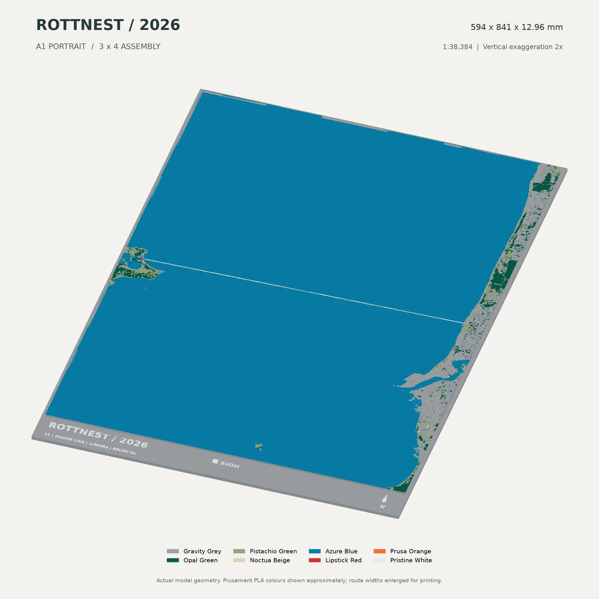 Rottnest Channel Swim, A1 digital model preview showing raised terrain and route; not physical product photography