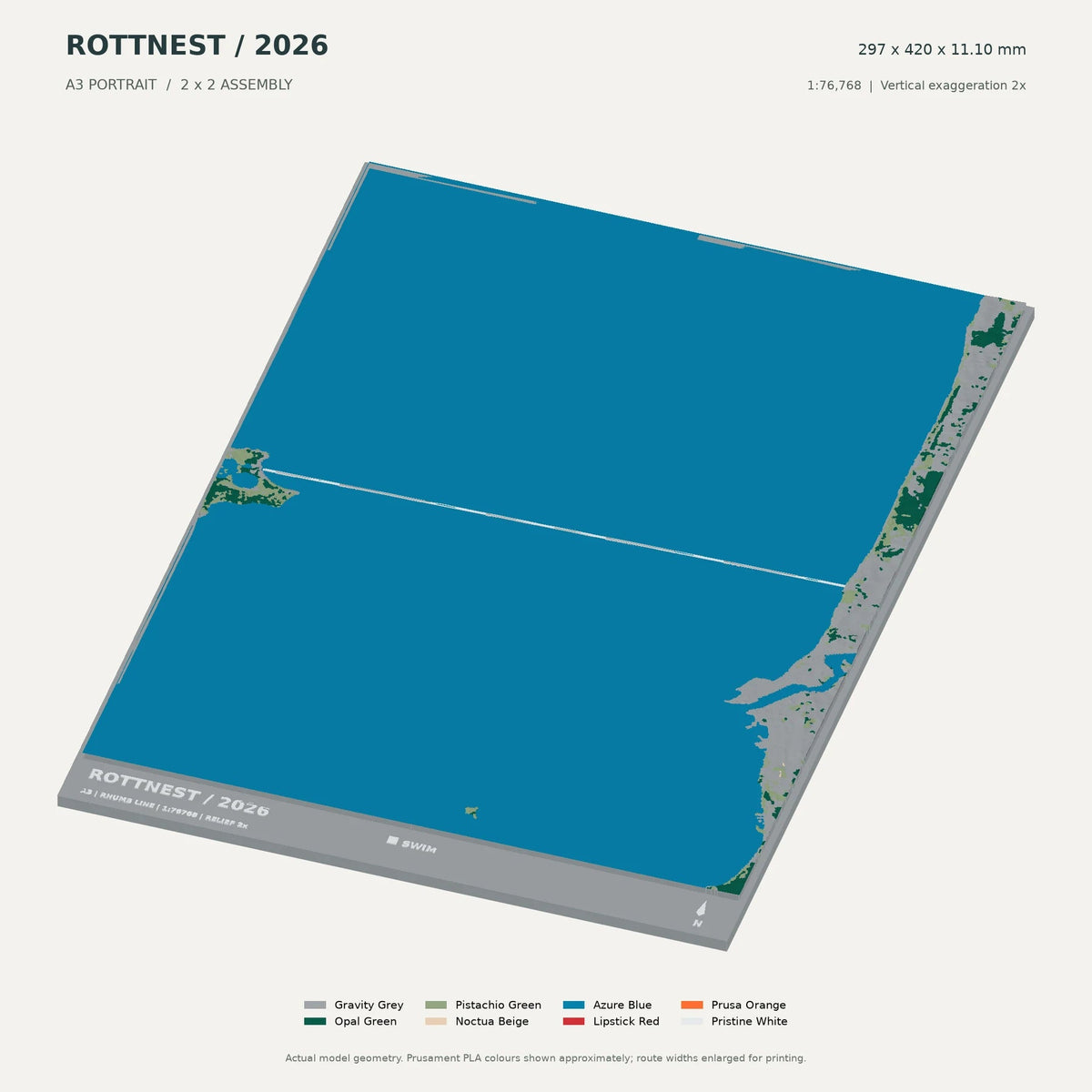Rottnest Channel Swim, A3 digital model preview showing raised terrain and route; not physical product photography