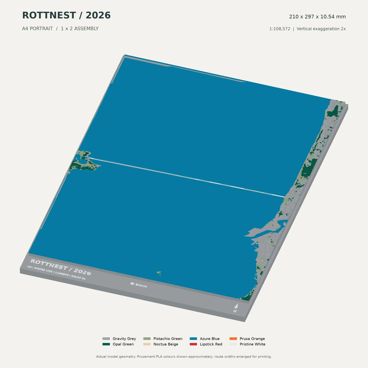 Rottnest Channel Swim, A4 digital model preview showing raised terrain and route; not physical product photography