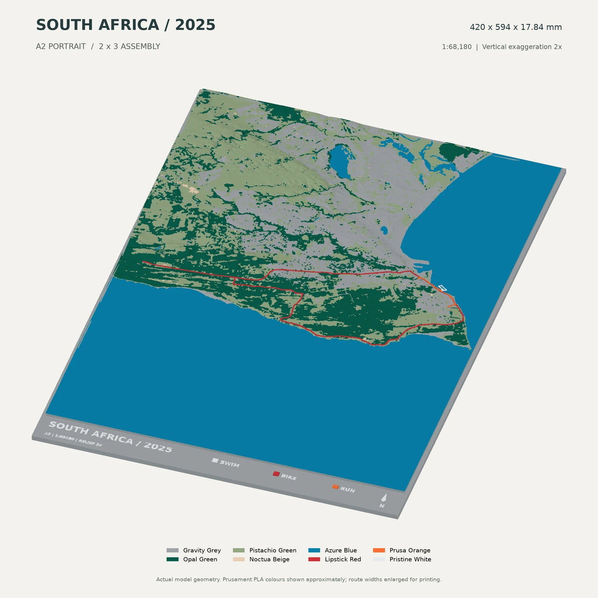 IRONMAN South Africa · Nelson Mandela Bay, A2 digital model preview showing raised terrain and route; not physical product photography