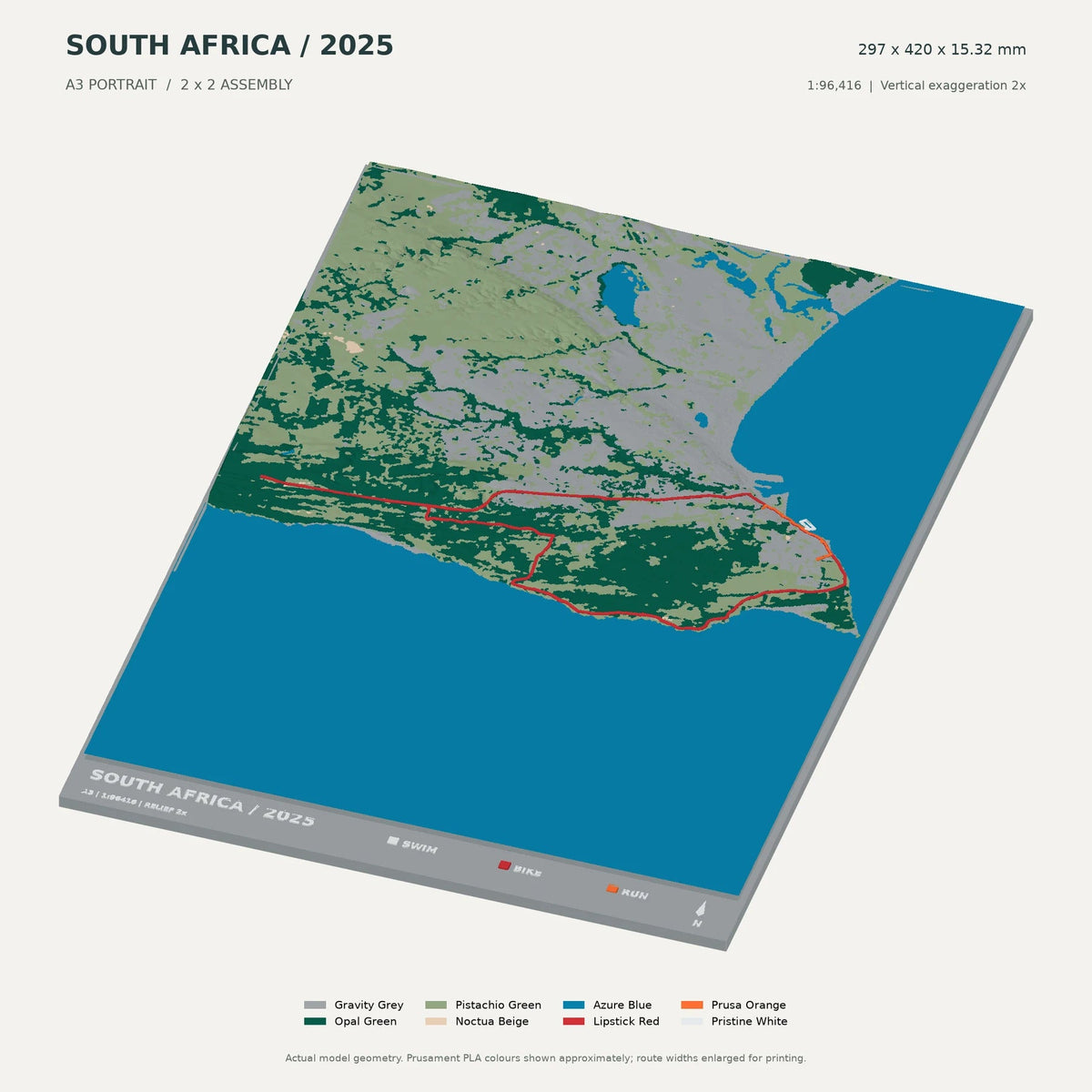 IRONMAN South Africa · Nelson Mandela Bay, A3 digital model preview showing raised terrain and route; not physical product photography
