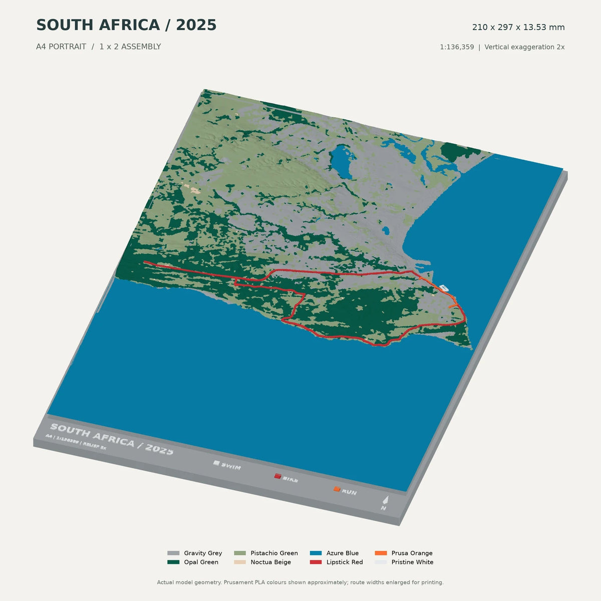 IRONMAN South Africa · Nelson Mandela Bay, A4 digital model preview showing raised terrain and route; not physical product photography
