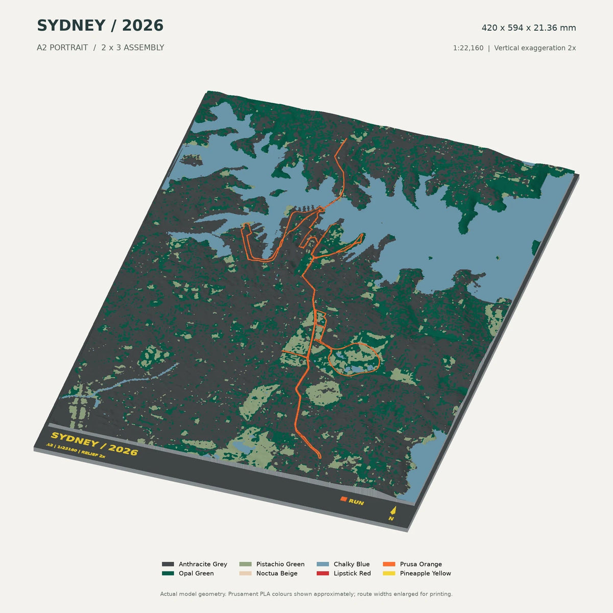 Sydney Marathon, A2 digital model preview showing raised terrain and route; not physical product photography